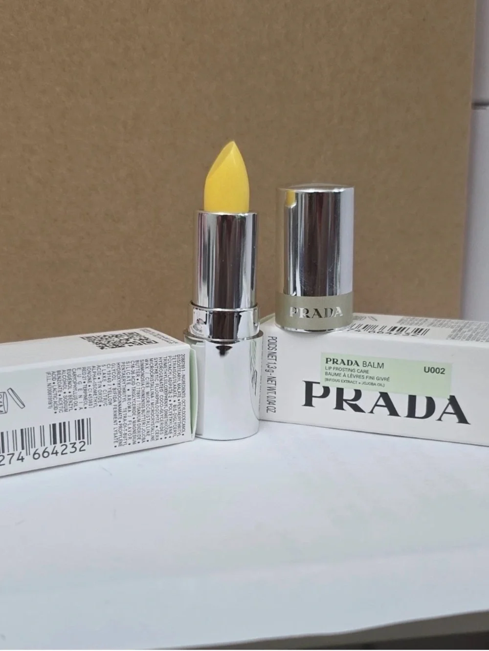 PRADA Balm Mini Lip Balm Stick Banana Yellow U002 0.04 oz Bifidus Jojoba NIB